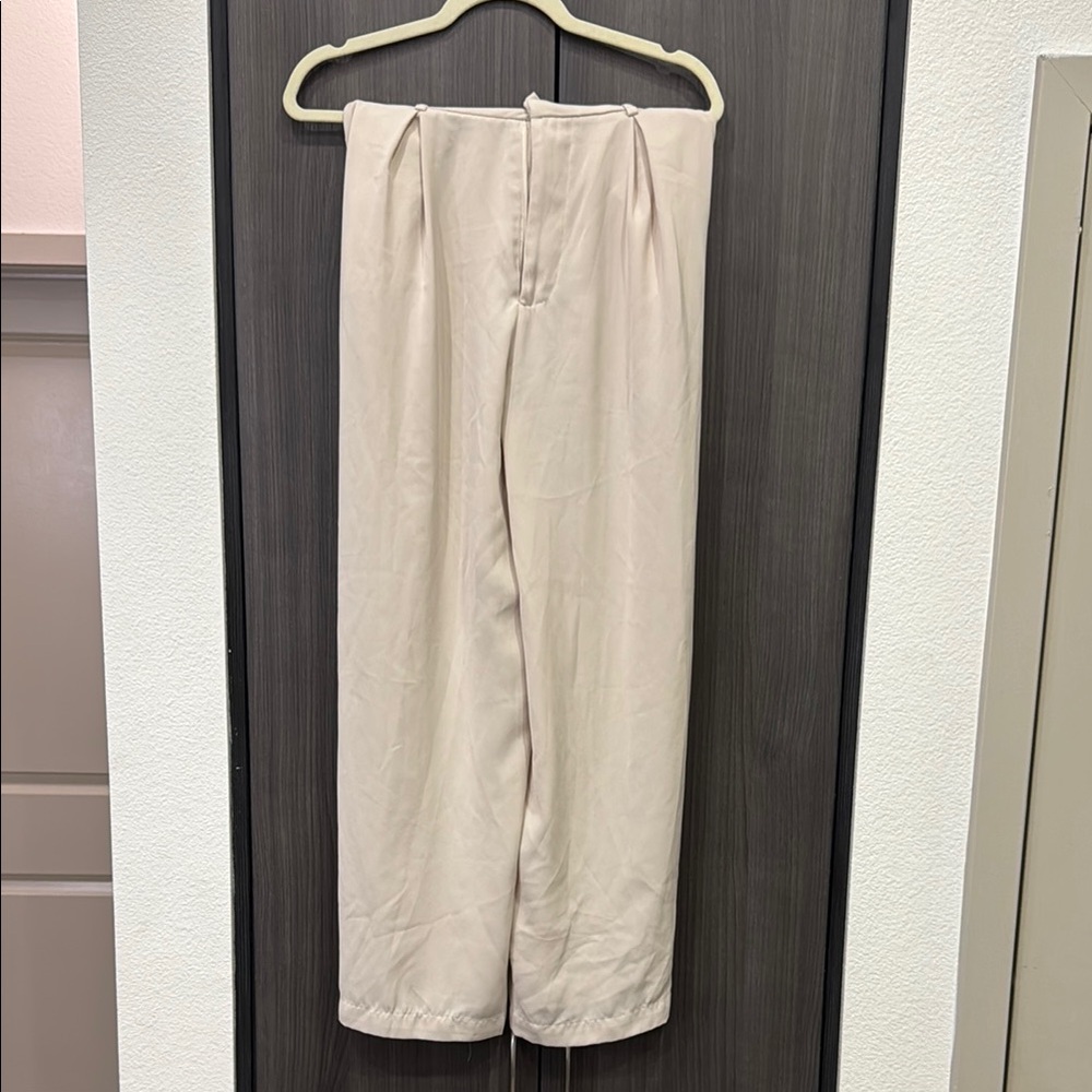 Cream Linen Blend Trousers with Drawstring Waist